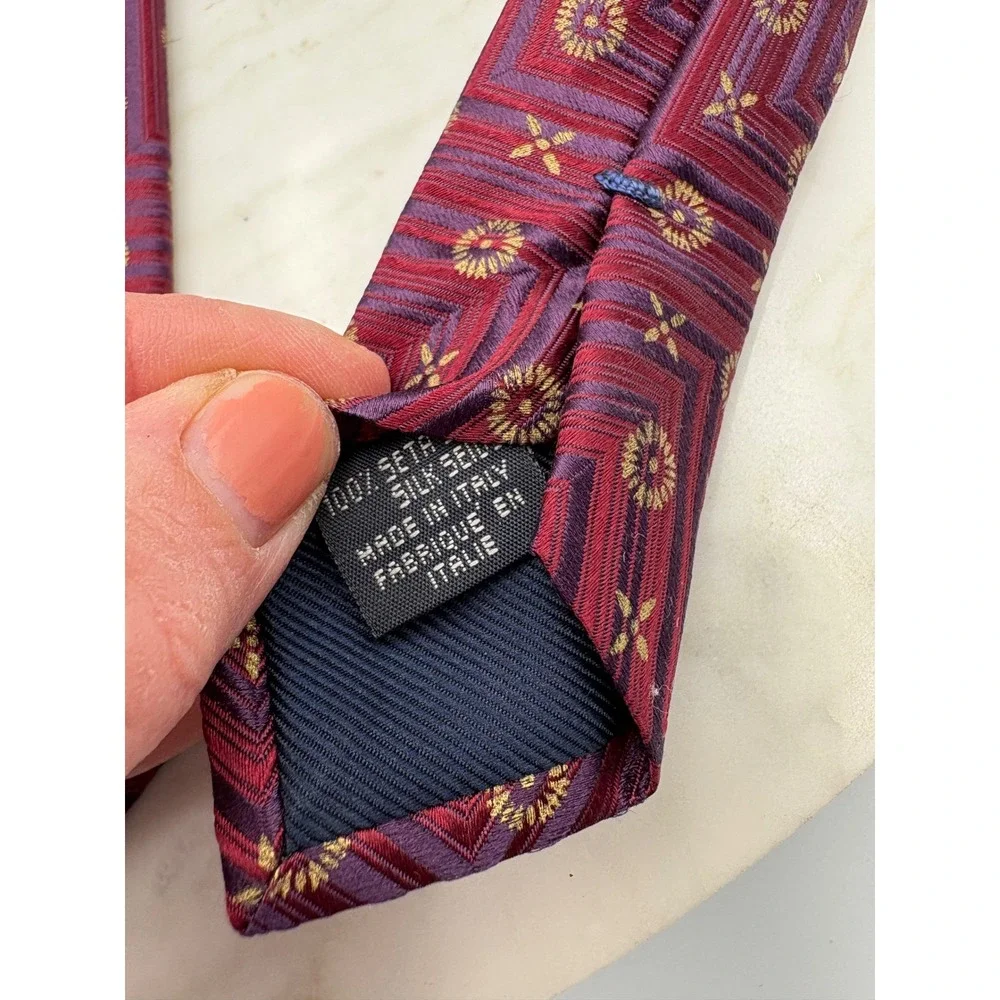 $250 Canali Men's Neck‎ Tie Silk Red Purple Geometric Pattern Italy 3.75